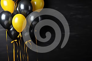 Black and white background with balloons and streamers, party or birthday celebration concept