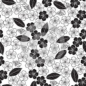 Seamless pattern with cherry blossom. Black and white background. Monochrome floral illustration.