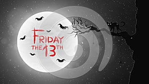 Black and white Background for Friday 13 in retro style. A black cat walks through the tree. Bats fly against the