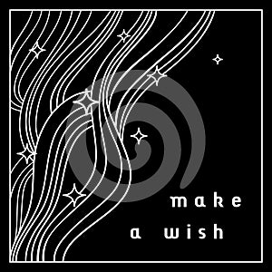 Black and white background in linear style with flowing lines, stars and 'Make a wish' text