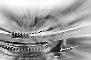 Black and white background. Metal Cogwheels in clock mechanism. Macro