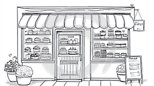 Hand-Drawn Bakery Shop Exterior with Cakes and Pastries