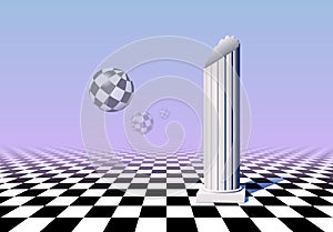 Black and white balls flying over checkered floor with column, pink and blue gradient background in vaporwave aesthetic photo