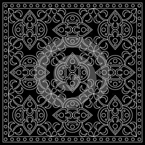 Black and White bandana print with tiling pattern maroccan style.Square pattern design for pillow, carpet, rug.