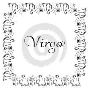 Black and white banner for the zodiac sign Virgo. A square frame of hand-drawn ornamental doodles of female heads, emblems, stars,