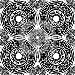 Black and white barbaric circle wheel tribal chain tattoo seamless pattern background