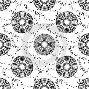 Black and white barbaric circle wheel tribal chain tattoo and texture seamless pattern