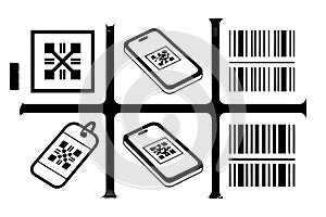 Black and white barcode icons and Q R codes on phone and tag