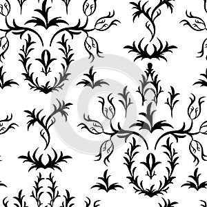 Black and white baroque pattern, damask pattern with floral ornament. Refined Victorian geometric seamless texture for fabric,