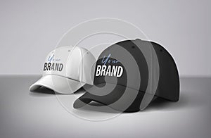 Black and white baseball caps mock up with logo in gray background, front sides. For branding.