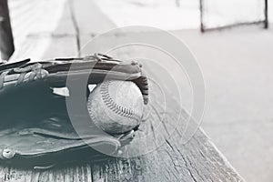 Black and white baseball in glove from dugout