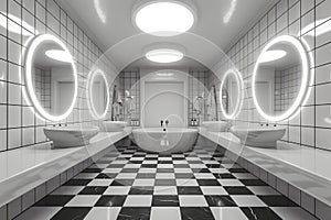 black and white bathroom with contemporary tiles, in the style of vray tracing, glowing neon. Generative AI