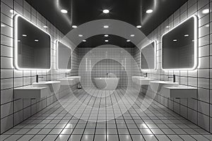 black and white bathroom with contemporary tiles, in the style of vray tracing, glowing neon. Generative AI