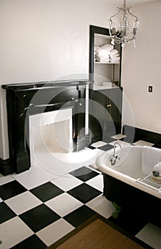 Black and white bathroom with tub