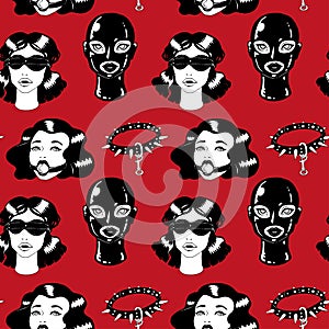 Black and white BDSM Vintage ink woman with collar seamless pattern