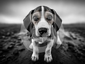 Black and White beagle staring into camera