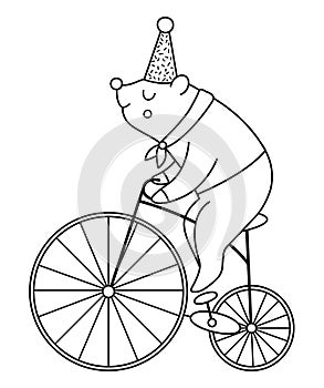 Black and white bear riding a bike. Vector circus animal. Amusement holiday line icon. Cute funny festival character outline clip