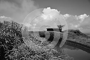 Black and white beautiful farm house, far from city like with beautiful view, a small house sky covered with clouds and a lake