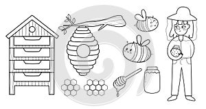 Black and white bee and honey elements set. Beekeeper girl holding a jar with honey