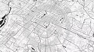 Black and white Beijing map background loop. Spinning around China city air footage. Seamless panorama rotating over downtown