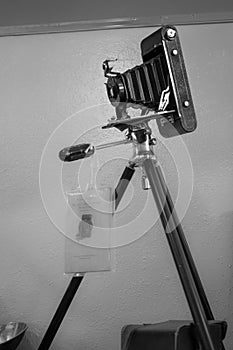 Black and White Bellows Camera on Tripod