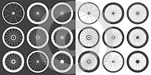 Black and white bicycle wheel symbols collection. Bike rubber tyre silhouettes. Fitness cycle, road and mountain bike