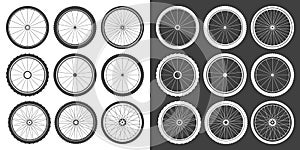 Black and white bicycle wheel symbols collection. Bike rubber tyre silhouettes. Fitness cycle, road and mountain bike