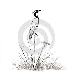 Black And White Bird Drawing On Plants: A Delicate And Stylish Artwork