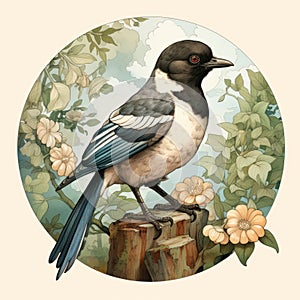 Whitewinged Magpie In A Flower Field: Realistic Landscape Illustration photo