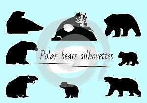 Black and white and black silhouettes of polar Arctic bears and cubs lying, standing, walking, growling