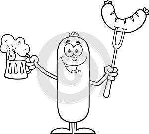 Black And White Black And White Happy Sausage Cartoon Character Holding A Beer And Weenie On A Fork