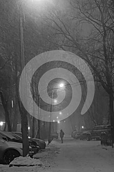 Black and white blizzard on the evening city street