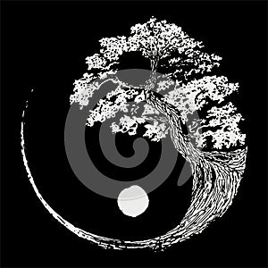 Black and white bonsai tree on yin yang symbol