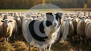 A black and white border collie herding sheep on a farm created with Generative AI