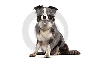 Black and white border collie jumping, isolated on white background. AI generated