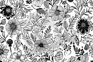 Black and white botanical doodle pattern with intricate floral arrangements and playful abstract elements