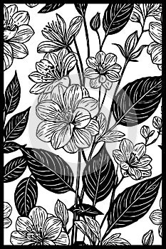 Black and white botanical pattern. For use in graphics, materials. Abstract plant shapes.