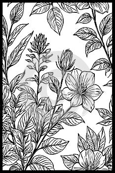 Black and white botanical pattern. For use in graphics, materials. Abstract plant shapes.