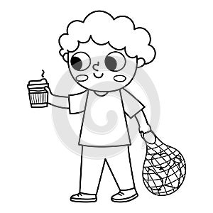 Black and white boy with reusable cup and net shopper icon. Cute line eco friendly kid. Children ecological awareness illustration photo