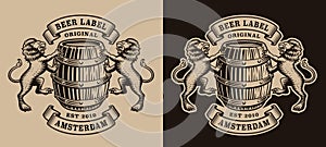 A black and white brewery emblem with a barrel and lions
