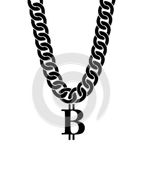 Black and white brutal chain necklace with a sign of bitcoin, vector illustration