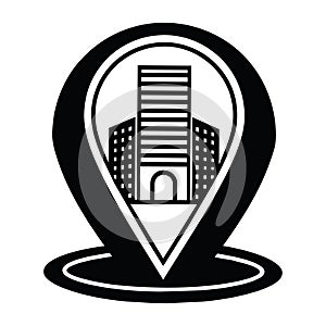 a black and white building icon on a pin, a location pin icon, Transparent Background