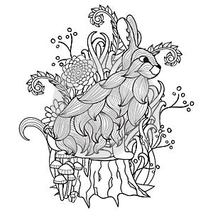 Black and white bunny, tree stump, wood, flowers, trees, fairy tale.