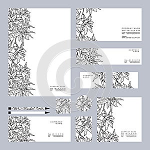 Black and white Busness set of Oriental Lily. Flowers, branches, leaves and buds. Hand-drawn collection. Vector illustration