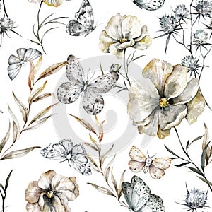 Black and white butterflies and floral seamless pattern. Watercolor botanical texture