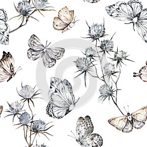 Black and white butterflies and floral seamless pattern. Watercolor botanical texture