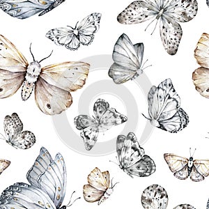 Black and white butterflies and floral seamless pattern. Watercolor botanical texture