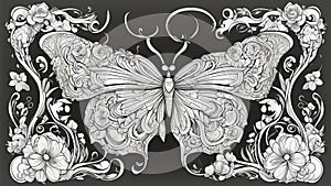 black and white butterfly black and white, coloring book, page black background A butterfly with wings and antennae,