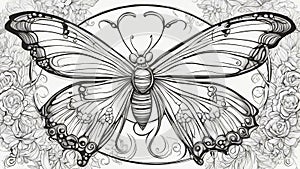 black and white butterfly black and white, coloring book, page A butterfly with wings and antennae,