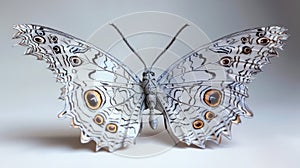 A black and white butterfly with large eyespots on its wings